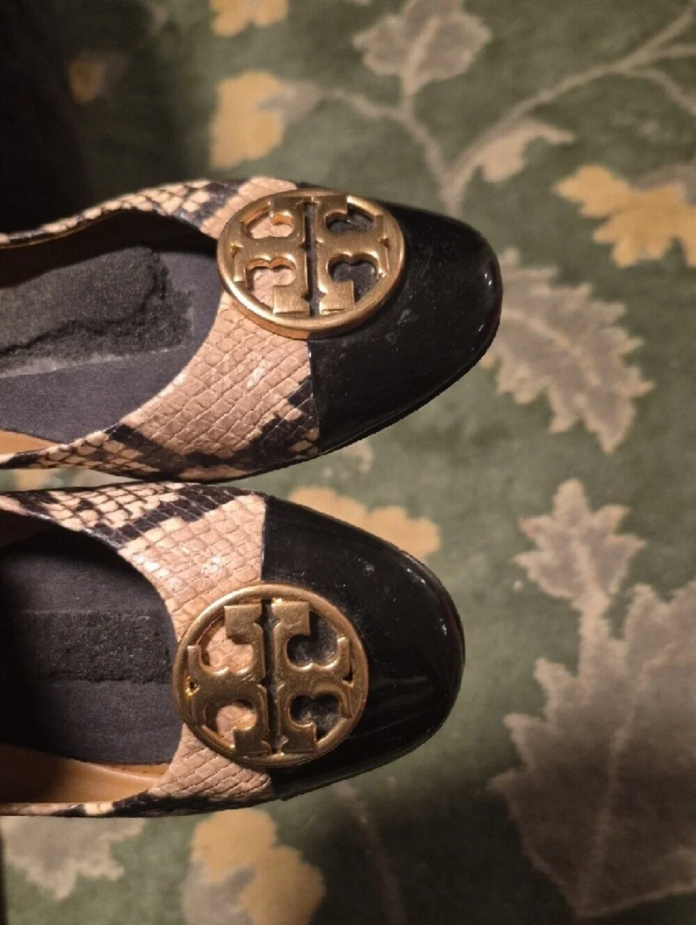 Tory Burch Snake-Print Ballet Flats with Black Patent Toe and Gold Logo